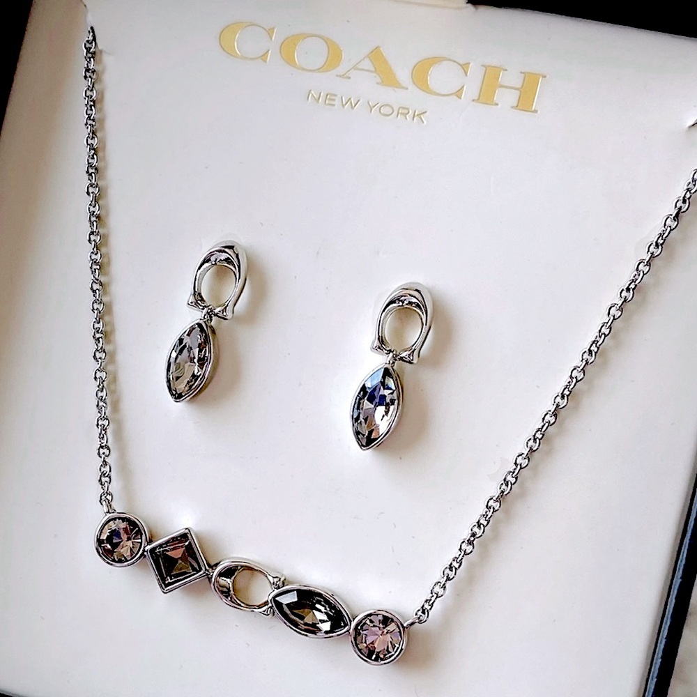 COACH Signature Silver Logo Bezel Earring and Necklace Set